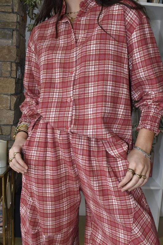 Patrick Plaid Brushed Cotton Edwardian Blouse Soft Red 